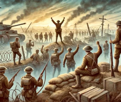 World War I battlefield. Cheering soldiers.